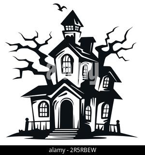Beängstigende Haussilhouette. Mystisches Haus mit Monstern und Geistern für Halloween. Gruseliges Haus. Stock Vektor