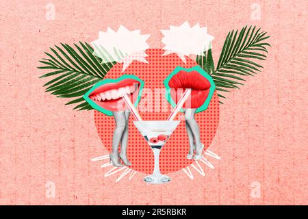 3D Magazin Collage Bild von traumhaft lächelnden menschlichen Lippen, die Cocktail trinken, leeren Raum isolierten bunten Hintergrund Stockfoto