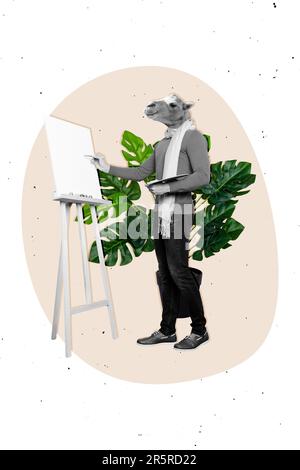 Collage Ganzkörperkadre des kopflosen Tiermanns Kamel gemalt Acryl Meisterwerk Naturlandschaft isoliert auf beigefarbenem Hintergrund Stockfoto