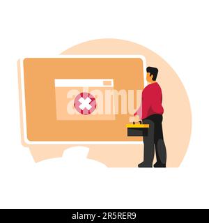 Ein Mann mit einem Werkzeugkasten auf dem Computerbildschirm. Stock Vektor