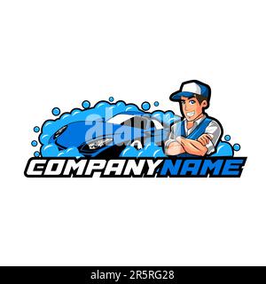 Auto waschen Cartoon logo Charakter Design Vector Illustration Stock Vektor