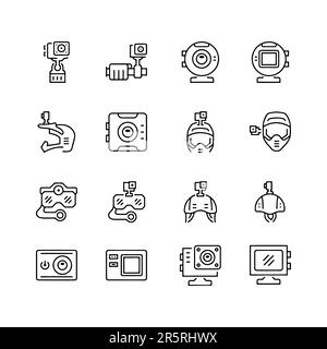 Symbole der Action-Kamera eingestellt. Umrissener Satz von Vektorsymbolen für Action-Kameras für Webdesign isoliert Stock Vektor