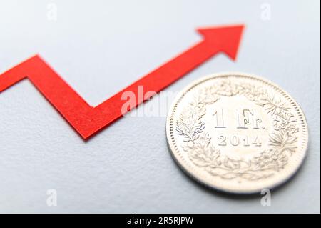 1 Schweizer-Franken-Münze, neben der Wachstumslinie. Bewertung des Schweizer Franken und steigender Wechselkurs. Stockfoto