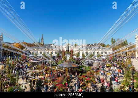 Frankreich, Meurthe et Moselle, Nancy, Stanislas-Platz (ehemaliger Königsplatz), erbaut von Stanislas Leszczynski, König von Polen und letzter Herzog von Lothringen im 18. Jahrhundert, von der UNESCO während der Veranstaltung Jardin Ephemere zum Thema Feuer 2022 zum Weltkulturerbe erklärt, hoher Blick vom Balkon des Stadthauses, Statue des Königs Stanislas, hier Bogen und St. Epvre Basilika im Hintergrund Stockfoto