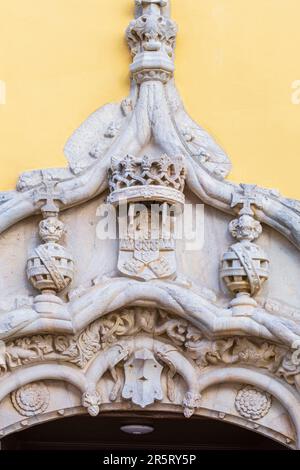 Portugal, Alentejo Region, Moura, Sao Joao Baptista Kirche aus dem 16. Jahrhundert, Manueline-Stil, Portal mit typisch Manueline Mustern Stockfoto