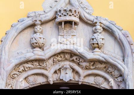 Portugal, Alentejo Region, Moura, Sao Joao Baptista Kirche aus dem 16. Jahrhundert, Manueline-Stil, Portal mit typisch Manueline Mustern Stockfoto