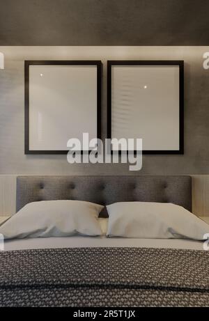 Moderne Einrichtung im Schlafzimmer zeitgenössische Einrichtung mit natürlichen Farbtönen im Zimmer, an den Wänden, am Boden und an der Decke. 3D-Rendering-Abbildung Stockfoto