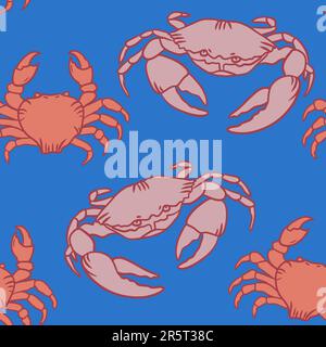 Handgezeichnetes nahtloses Muster mit orangefarbenen roten Krabben auf blauem Hintergrund. Maritimes Muscheldesign, Meeresfrüchte-Motiv mit Unterwasser-Wildtieren Stockfoto