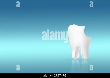 Ungesundes Zahnweissmolarmodell auf pastellblauem Hintergrund. Zahnsymbol. Karies. Karies und Zahnkrankheiten. Ungesunde Zähne. Zahnarztkonzept Stockfoto
