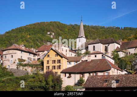 Frankreich, Doubs, LODs, Les Plus Beaux Villages de France (die schönsten Dörfer Frankreichs), Blick auf das Dorf im Loue-Tal, Kirche Saint-Théodule Stockfoto