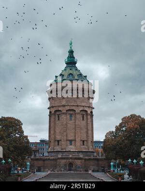 Ein malerischer Blick auf einen runden Turm mit Treppen und Bäumen im Hintergrund und einer Schar von Vögeln um ihn herum Stockfoto