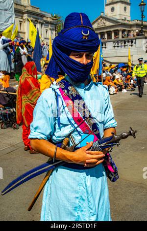 London, Vereinigtes Königreich - Juni 4. 2023: Sikh Diaspora im Vereinigten Königreich veranstaltete anlässlich des 39. Jahrestags des Massakers am Goldenen Tempel im Jahr 1984 eine Kundgebung. Stockfoto