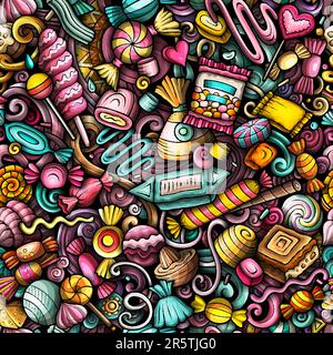 Cartoon Doodle Candies mit nahtlosem Muster. Kulisse mit Symbolen und Gegenständen von Süßwaren. Farbenfroher, detaillierter Hintergrund für Druck auf Stoff, Textil, ph Stock Vektor