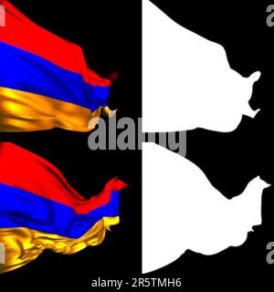 Zwei Flaggen werden in perfekter Symmetrie gegen einen Nachthimmel ausgestellt, der stolz im Wind flattert Stockfoto