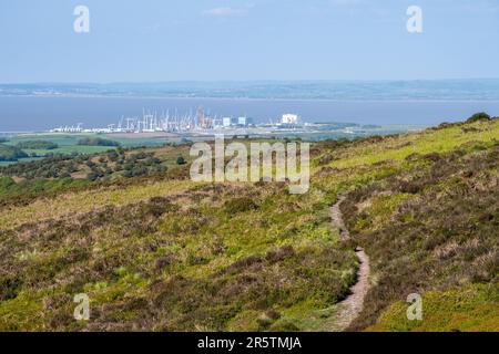 Die Baustelle für das Kernkraftwerk Hinkley Point C dominiert neben den Stilllegungsstationen A und B die Aussicht auf die Bridgwater Bay f Stockfoto