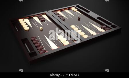 Ein hölzernes Backgammon-Spielbrett mit hölzernen Spielteilen auf dem Spielbrett Stockfoto