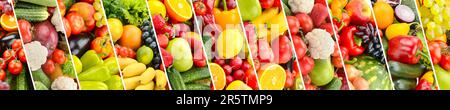Breiter Panoramaklima Hintergrund gesundes frisches Gemüse, Obst und Beeren. Stockfoto