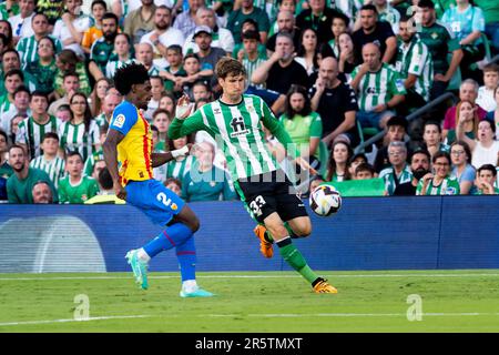 Sevilla, Spanien. 04. Juni 2023. Thierry Correia (L) und Juan Miranda (R) in Aktion während des Spiels La Liga Santander 2022/2023 zwischen Real Betis und Valencia CF im Benito Villamarin Stadion. Endstand; Real Betis 1:1 Valencia CF. (Foto: Francis Gonzalez/SOPA Images/Sipa USA) Guthaben: SIPA USA/Alamy Live News Stockfoto