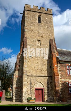 Der Turm von St. Peters Church in der Stadt Maldon in Essex, Großbritannien. Der Turm ist jetzt Teil der Thomas Plume Library. Stockfoto