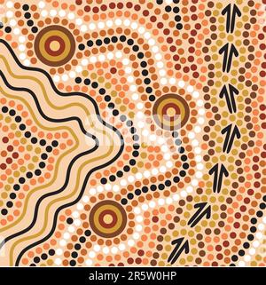 Handgezeichnete Aborigines mit fließendem Wasser, Känguru-Pfaden und Wasserlöchern Stock Vektor