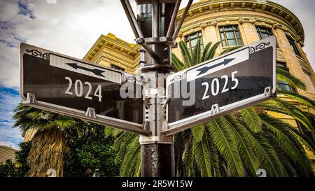 Ein Bild mit einem Hinweisschild, das in zwei verschiedene Richtungen auf Deutsch zeigt. Eine Richtung zeigt auf 2024, die andere auf 2025. Stockfoto