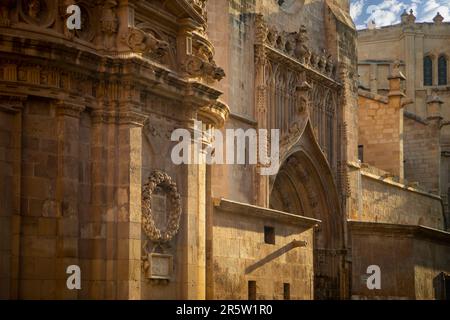 Blick auf die südliche Fassade der Kathedrale Santa Maria in Murcia, Spanien, mit bekannten Renaissance- und gotischen Stilen Stockfoto