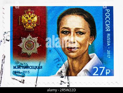 MOSKAU, RUSSLAND - 17. MAI 2023: Poststempel in Russland zeigt Inhaber des „Merit“-M.M. Plisetskaya (1925-2015), Serie, ca. 2017 Stockfoto