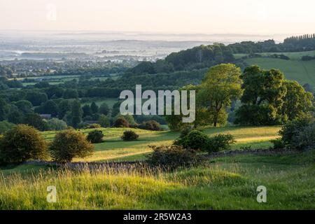 Die steilen Hänge der Cotswold Edge und des flachen Tals von Evesham im Gloucestershire an sind von Ackerland- und Waldflächen durchzogen Stockfoto