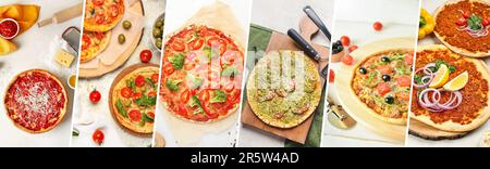 Collage mit verschiedenen Pizzen auf hellem Hintergrund Stockfoto