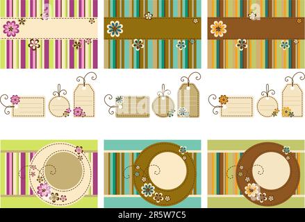 Vector Scrapbook Set – Rahmen, Anhänger und Hintergrund mit stilisierten Blumen Stock Vektor