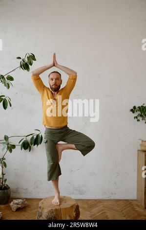 Ein starker Yoga-Mann, der sich auf einem Holzstumpf in Baumyoga-Pose Vrikshasana ausbalanciert Stockfoto