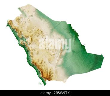 Saudi-Arabien. Detailliertes 3D-Rendering einer schattierten Reliefkarte mit Flüssen und Seen. Farbig nach Höhe. Weißer Hintergrund. Erstellt mit Satellitendaten. Stockfoto