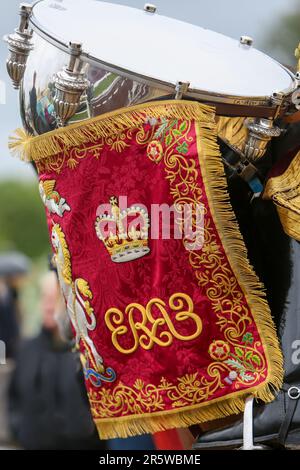 Drum Shire Horse Apollo bei der Royal Windsor Horse Show 2023, Aufführung mit den Household Cavalry, Blues und Royals Stockfoto