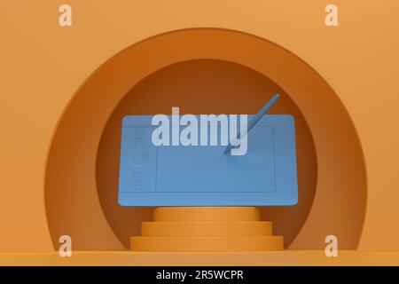 Abstrakte Szene oder Podium mit Grafiktablett und Stift für Illustratoren auf einfarbigem Hintergrund. 3D-Rendering der Szene für Produktpräsentation oder -Anzeige Stockfoto