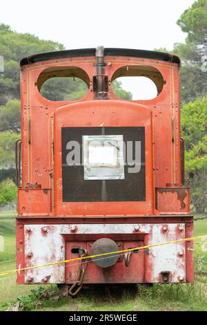 Alte verlassene Lokomotive im Parque Zoologico Lecoq in der Hauptstadt von Montevideo in Uruguay. Stockfoto