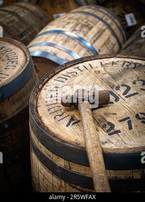 Hammer mit Whiskey-Fässern in der Ardbeg Distillery, Isle of Islay, Inner Hebrides, Schottland, Vereinigtes Königreich Stockfoto