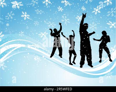 Silhouetten von Menschen tanzen auf Schneeflocke Hintergrund Stock Vektor