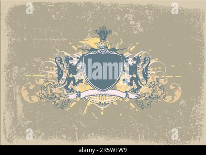 Ein Wappenschild oder Abzeichen mit Löwen, leer, so können Sie Ihre eigenen Bilder hinzufügen.  Vektor-Illustration. Grunge Hintergrund. Stock Vektor