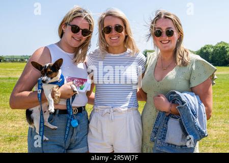 Lyre, West Cork, Irland. 5. Juni 2023. Die Irish Harness Racing Association (IHRA) veranstaltete in Lyre in der Nähe von Clonakilty über das Feiertagswochenende eine irische amerikanische Feier. Der Feiertag war der Abschlusstag mit einer 8-Dollar-Rennkarte und einer Menge Zuschauer. Am Wettkampftag waren Ciara O'Mahony, Rosscarbery, mit ihrem Hund 'Benji; Aoife Harrington, Skibbereen und Ailís O'Mahony, Rosscarbery. Kredit: AG News/Alamy Live News Stockfoto