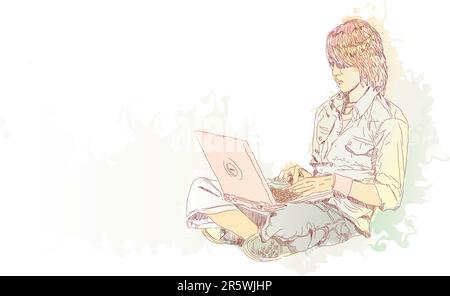 Junger Mann sitzt auf dem Boden mit seinem Laptop. Vektor-illustration Stock Vektor