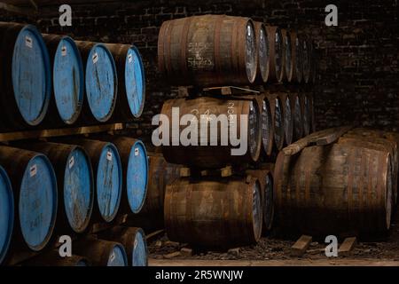 Ardbeg-Fässer reifen im Obligationslager, Ardbeg on Islay, Schottland. Stockfoto