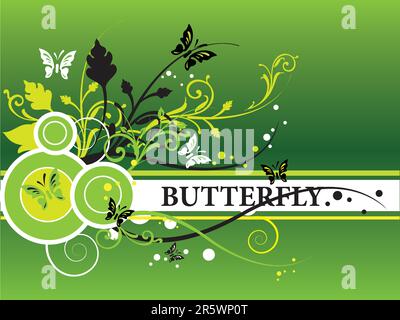 Grüner abgestufter Hintergrund mit eleganten, graziösen, schicken Designelementen, hübschen Butterfliesen, Blumenornamenten. Weiße Kreise. Stock Vektor