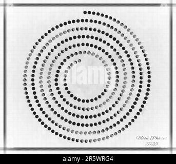 Mondkalender 2025, Spiralmondphasen auf weißem Hintergrund Stockfoto