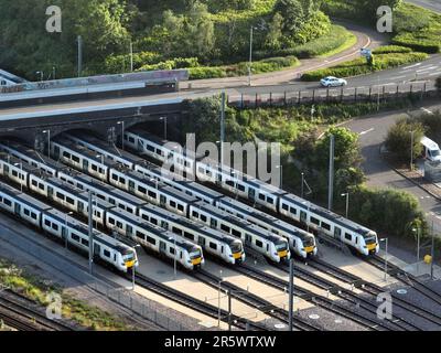 Peterborough, Großbritannien. 03. Juni 2023. Thameslink-Züge verbleiben in Peterborough auf Gleisen und werden heute nicht fahren, da mehr Arbeitskampf stattfindet, während die ASLEF, die Triebfahrzeuggewerkschaft, an einem Streik teilnimmt. Der Streik hat Menschen beeinflusst, die zum FA-Cup-Finale in Wembley und zum Derby in Epsom reisen wollen. ASLEF-Streik, Peterborough, Cambridgeshire, am 3. Juni 2023. Kredit: Paul Marriott/Alamy Live News Stockfoto