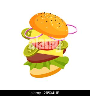 Vector attraktiver Springhamburger. Burger mit Käse, Tomaten, Kotelett, Salat, Gurken. Fast Food oder Junkfood. Abbildung zum Menüdesign. Stock Vektor