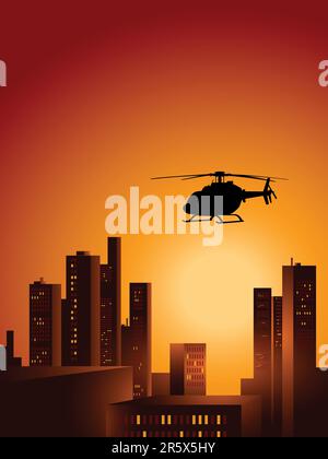 Silhouette eines Hubschraubers, der über den Sonnenuntergang der Stadt fliegt Stock Vektor