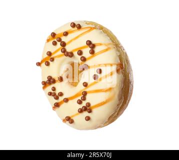 Süßer, leckerer glasierter Donut mit knusprigen, auf Weiß isolierten Bällen Stockfoto