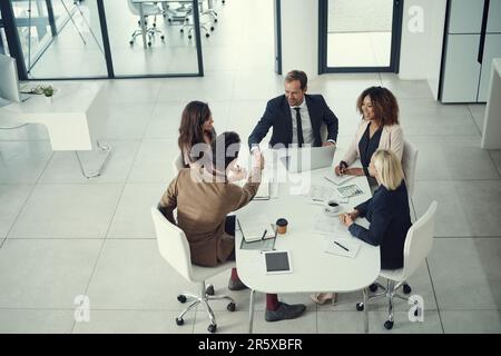 Treffen, begrüßen und umsetzen. Zwei Geschäftsleute, die sich während eines Meetings in einem modernen Büro die Hand schütteln. Stockfoto