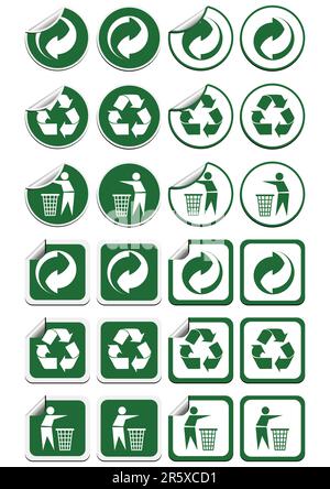 Quadratische und runde Recycling-Symbolaufkleber mit und ohne Wellung Stock Vektor