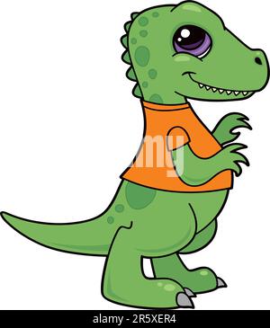 Vektor-Cartoon Illustration ein grünes Baby Tyrannosaurus Rex Dinosaurier eine orange Hemd tragen. Stock Vektor